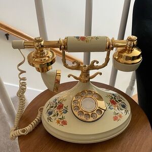 Vintage Floral Rotary Phone with Gold Accents